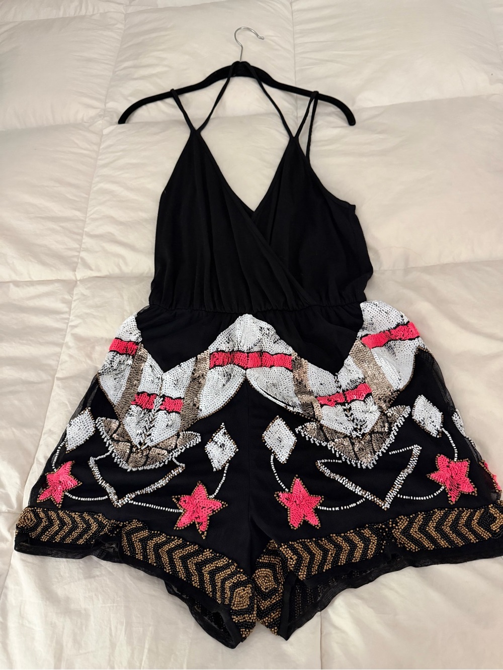 ASOS Black Sequined Floral Romper with Pink Accents